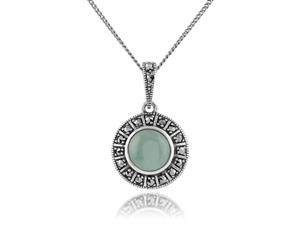 Art Deco Style Round Green Jade Cabochon & Marcasite Pendant in 925 Sterling Silver