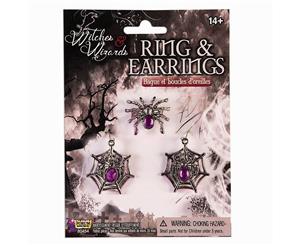 Bristol Novelty Unisex Adults Spider Web Ring And Earring Set (Silver/Purple) - BN1254