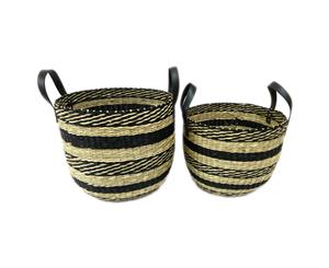 Casa Regalo Sea Grass Round Baskets Wit Handles In Natural & Black Set of 2