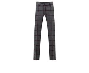 Dobell Mens Grey Tweed Trousers Regular Fit Burgundy Windowpane Check