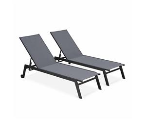 ELSA Set of 2x Sun Loungers in Aluminium and Textilene adjustable with wheels | Exists in 4 COLOURS - Charcoal Grey Frame / Dark Grey Textilene