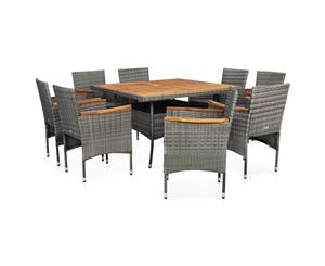 9 Piece Outdoor Dining Set Grey Poly Rattan and Acacia Wood Patio Set