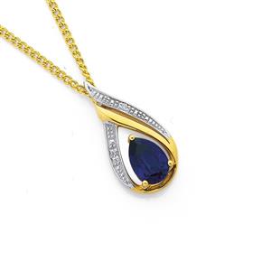 9ct Gold Created Sapphire & Diamond Pear Shape Pendant