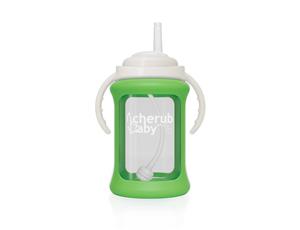 Cherub Baby - Wide Neck Glass Straw Cup with Colour Change Sleeve 240ml  Green