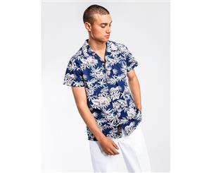 Deus Mens Tropical Floral Dean Short Sleeve Shirt In Blue