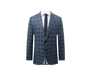 Dobell Mens Grey Suit Jacket Regular Fit Blue Multi-Stripe Windowpane Check