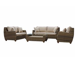 Grange 3+2+1 Outdoor Wicker Lounge Setting With Coffee Table - Outdoor Wicker Lounges - Brushed Wheat Sand cushion