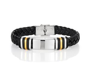 Stainless Steel Black Leather Gold Plated Gents Bracelet