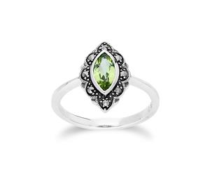 Art Nouveau Style Marquise Peridot & Marcasite Leaf Ring in 925 Sterling Silver