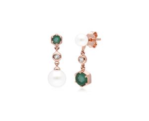 Modern Pearl Emerald & Topaz Mismatched Drop Earrings in Rose Gold Plated Sterling Silver