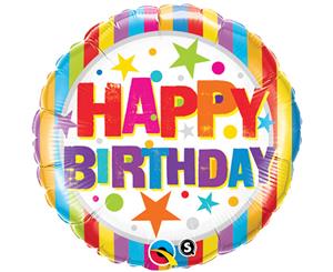 Qualatex 18 Inch Round Happy Birthday Stripes & Stars Foil Balloon (Multicoloured) - SG8799