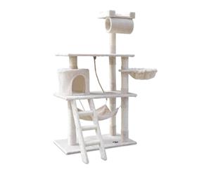 Cat Tree Unit Beige - 8 Sisal Poles Bed Cube Multi Perching Areas Step Ladder - 141cm High Soft Plush Cover Scratching/Climbing Post