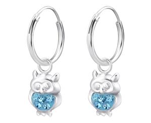 Children's Silver Hanging Owl Aqua Bohemica Crystal Hoop Earrings