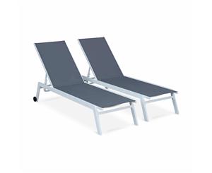 ELSA Set of 2x Sun Loungers in Aluminium and Textilene adjustable with wheels | Exists in 4 COLOURS - White Frame / Grey Textilene