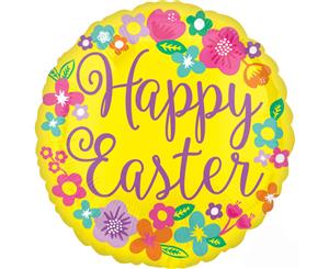 Floral Happy Easter Yellow Foil Balloon Round 45cm Approx