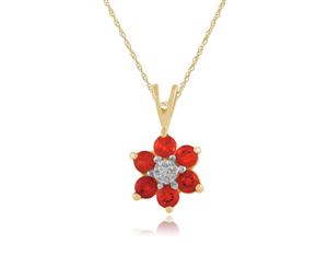 Floral Round Fire Opal & Diamond Cluster Pendant in 9ct Yellow Gold