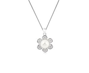 Fresh Water Pearl Flower Pendant with Cubic Zirconia in Sterling Silver