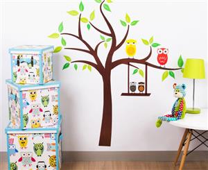 Green Tree W/ Red & Yellow Owls Wall Decals