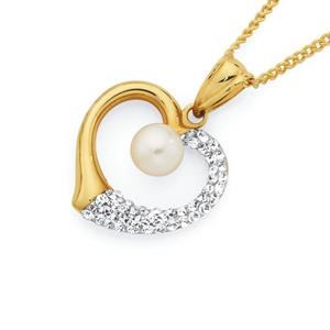 9ct Gold on Silver Pearl & Crystal Heart Pendant