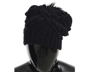 Dolce & Gabbana Black Knitted Cashmere Silver Fox Fur Hat