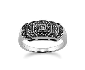 Art Deco Style Round Marcasite Stepped Ring in 925 Sterling Silver