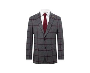 Dobell Mens Grey Tweed Jacket Regular Fit Burgundy Windowpane Check