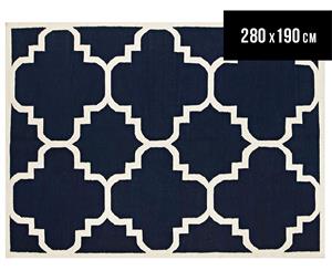 Hannah Pure Wool Flatweave Patterned 280x190cm Large Rug - Navy