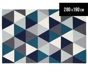 Hannah Pure Wool Flatweave Triangles 280x190cm Large Rug - Blue