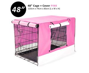 Wire Dog Cage Foldable Crate Kennel 48" with Tray + PINK Cover Combo