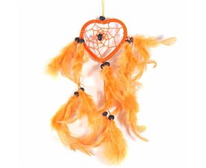 6.5cm Heart Dream Catcher Hot Orange Web Design with Feathers and Beads - Orange