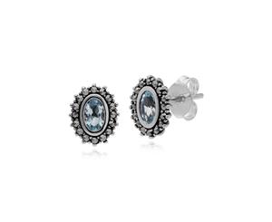 Art Deco Style Oval Blue Topaz & Marcasite Halo Stud Earrings in 925 Sterling Silver