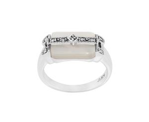 Art Deco Style Rectangle Mother of Pearl & Marcasite Bar Ring in 925 Sterling Silver