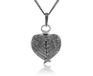 Art Nouveau Style Round Marcasite Angel Wing Heart Locket on Chain in 925 Sterling Silver