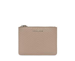 Mocha Chevron Zip Top Leather Clutch - Taupe