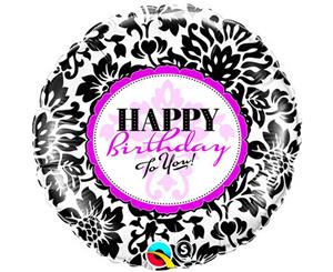 Qualatex 18 Inch Round Happy Birthday To You Foil Balloon (White/Black/Fuchsia) - SG4355