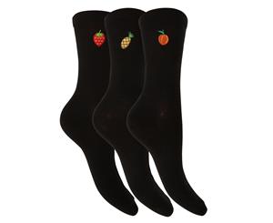 Foxbury Womens/Ladies Fruit Design Cotton Rich Black Socks (3 Pairs) (Design 1) - W487