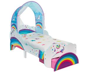 Worlds Apart Rainbow Unicorn Toddler Bed w/ Canopy & Storage Drawer