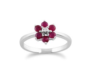 Floral Round Ruby & Diamond Cluster Ring in 9ct White Gold