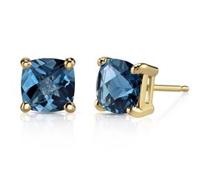 London Blue Topaz Earrings 14K Yellow Gold Cushion 6 x 6 mm 2.2 ct NSJE19112