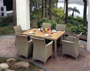 Sahara 6 Seater Teak Top And Wicker Dining Table And Chairs Patio Setting - Outdoor Wicker Dining Settings - Wheat wicker with Cream