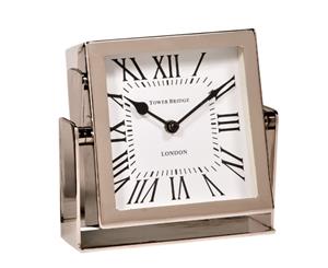 TOWER BRIDGE LONDON 17cm Desk Clock on Stand with Square White Face - Nickel