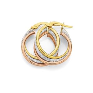 9ct Gold Tri Tone Plain & Pattern Medium Hoop Earrings