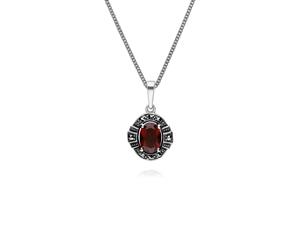 Art Deco Style Oval Garnet & Marcasite Halo Pendant in 925 Sterling Silver