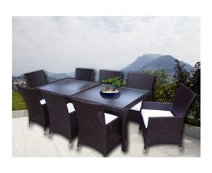 Brown Millana 8 Seater Wicker Outdoor Dining Setting With White Cushion Cover