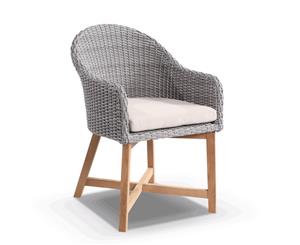 Coastal Wicker Outdoor Dining Chair With Teak Timber Legs In Brushed Grey - Outdoor Wicker Chairs - Brushed Grey and latte cushion