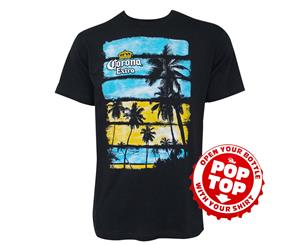 Corona Palm Trees Pop Top Bottle Opener Black Tee Shirt