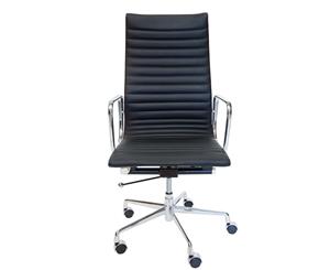 Replica Eames High Back Ribbed Leather Executive Desk / Office Chair - Black