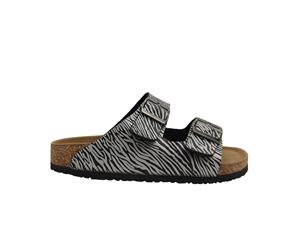 WildSole Dancer Ladies Comfort Cork Footbed Dual Buckle Slide Sandal - Silver Zebra