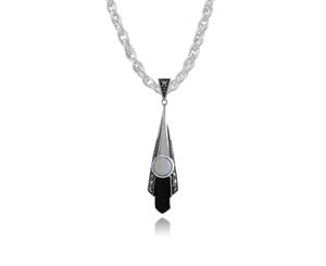 Art Deco Style Round Opal Black Onyx & Marcasite Fan Drop Pendant in 925 Sterling Silver