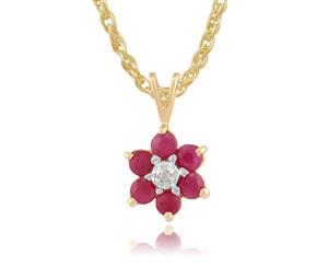 Floral Round Ruby & Diamond Cluster Pendant in 9ct Yellow Gold